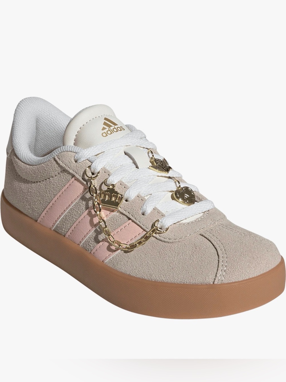adidas Beige Suede Low-Top Sneaker with Pink Stripes and Gold Charms